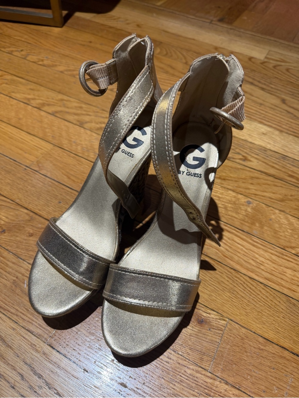 G by Guess Shimmery Gold Ankle-Strap Heels
